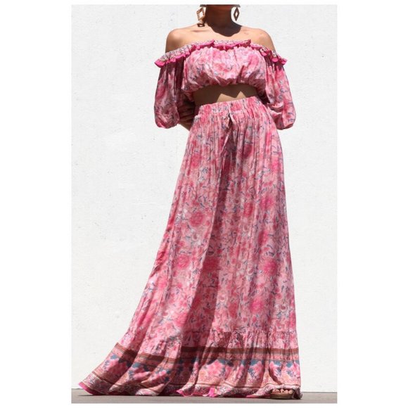 Boho Gypsy Peasant Off Shoulder Ruffle Crop Top Flared Maxi Skirt 2 Piece Set - Picture 2 of 7